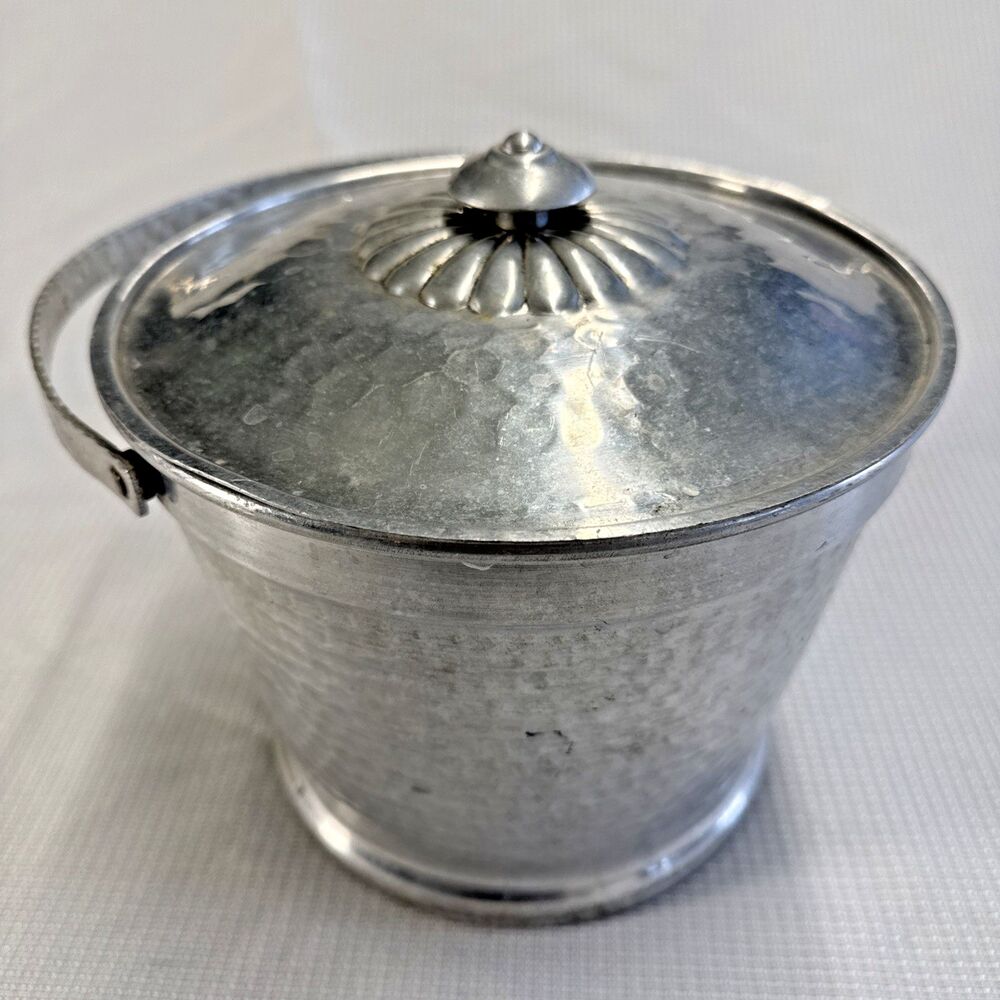Vintage Hammered Aluminum Ice Bucket Ribbed Floral Trim Handle Art Nouveau MCM